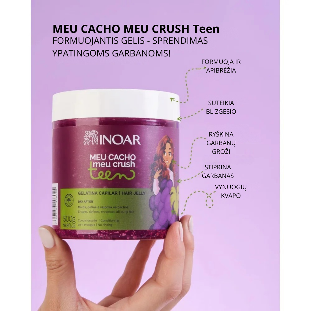 INOAR Meu Cacho Meu Crush Teen Grape Hair Jelly - plaukų formavimo želė garbanotiems plaukams vynuogių kvapo 500 g