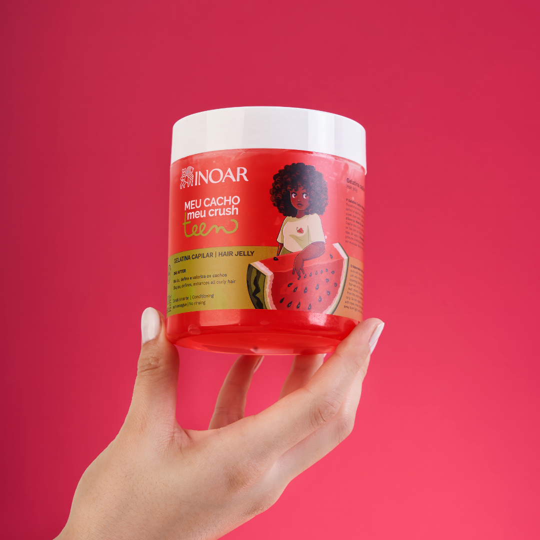 INOAR Meu Cacho Meu Crush Teen Watermelon Hair Jelly - plaukų formavimo želė garbanotiems plaukams arbūzų kvapo 500 g