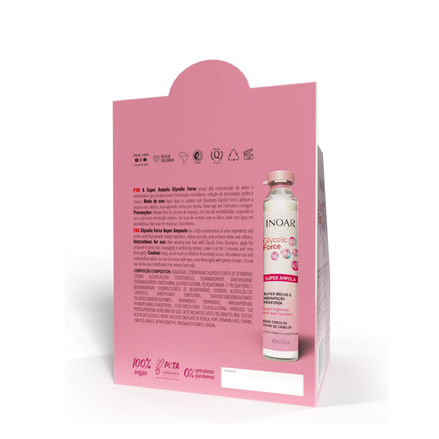 INOAR Glycolic Force Ampola - plaukų ampulė porėtam plaukui 12x45 ml