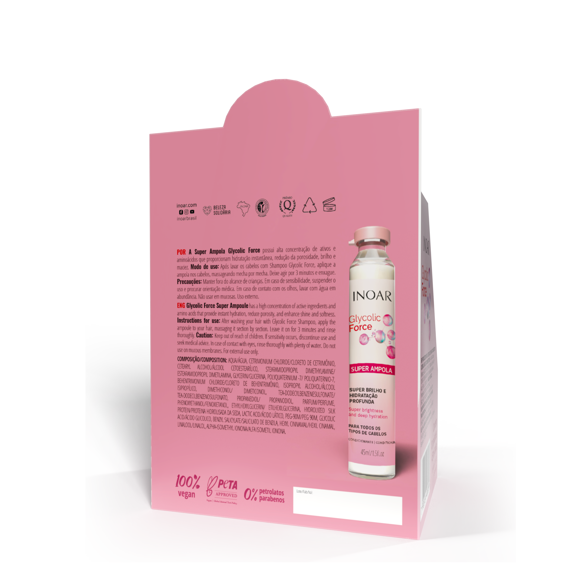 INOAR Glycolic Force Ampola - plaukų ampulė porėtam plaukui 12x45 ml