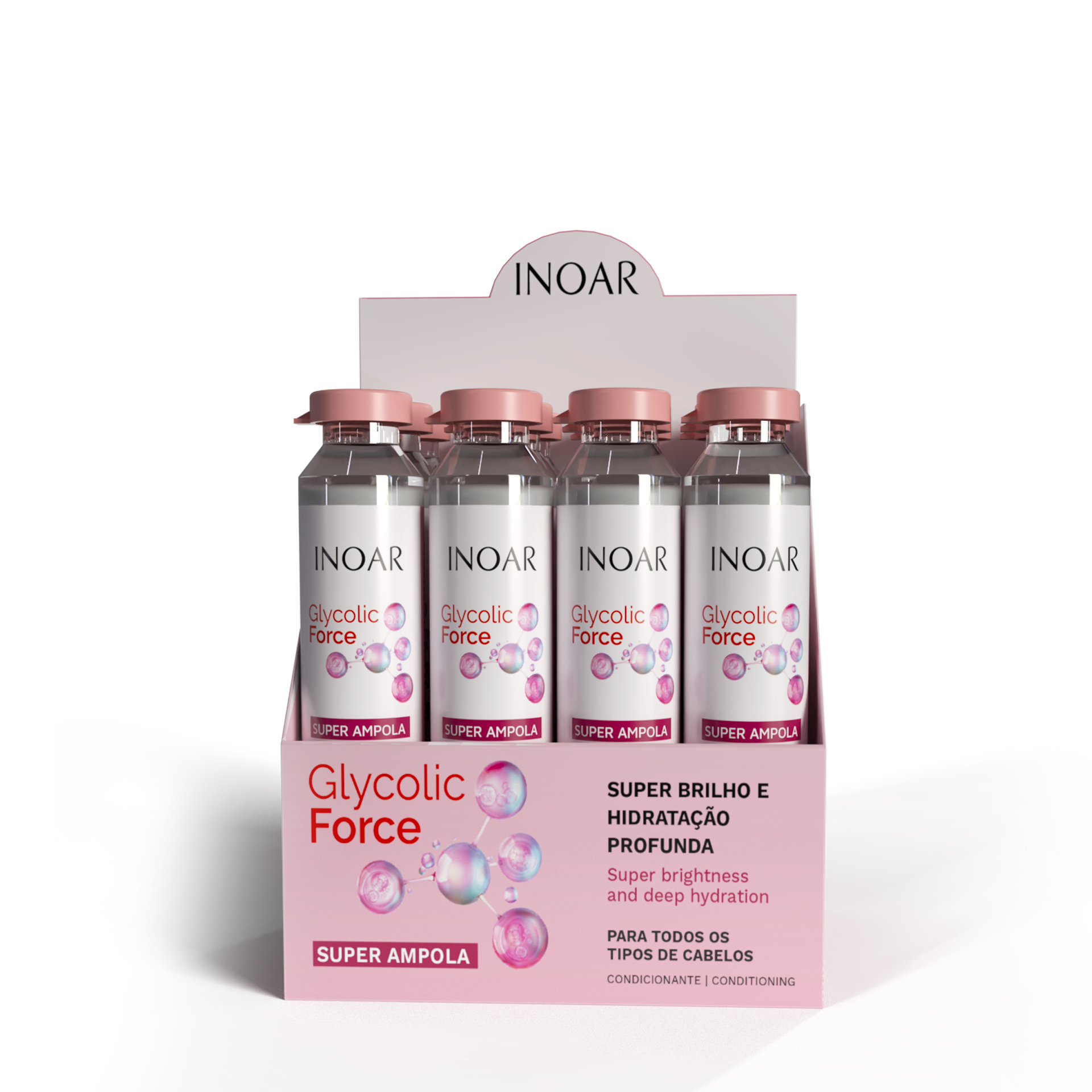 INOAR Glycolic Force Ampola - plaukų ampulė porėtam plaukui 12x45 ml