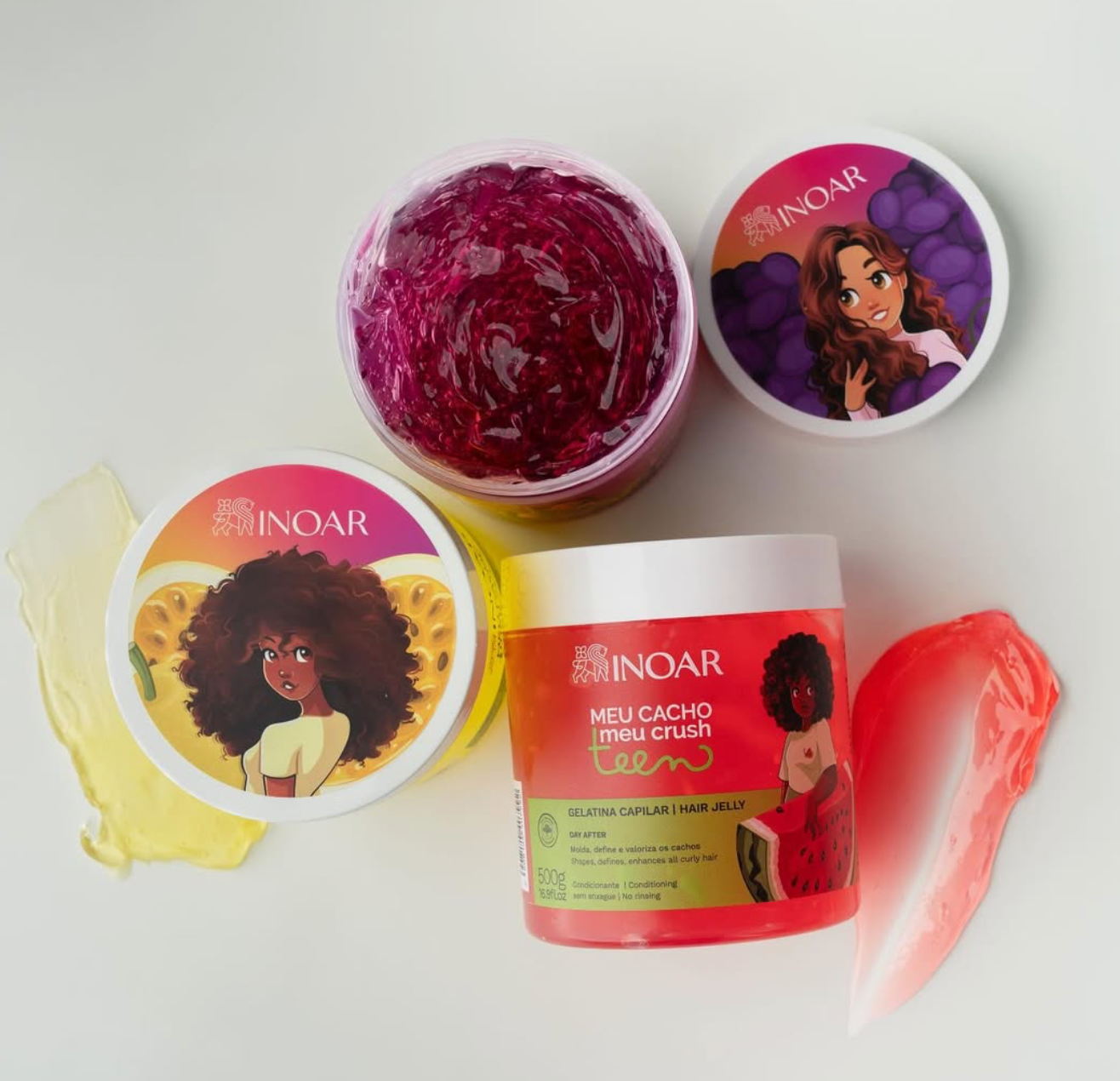 INOAR Meu Cacho Meu Crush Teen Watermelon Hair Jelly - plaukų formavimo želė garbanotiems plaukams arbūzų kvapo 500 g