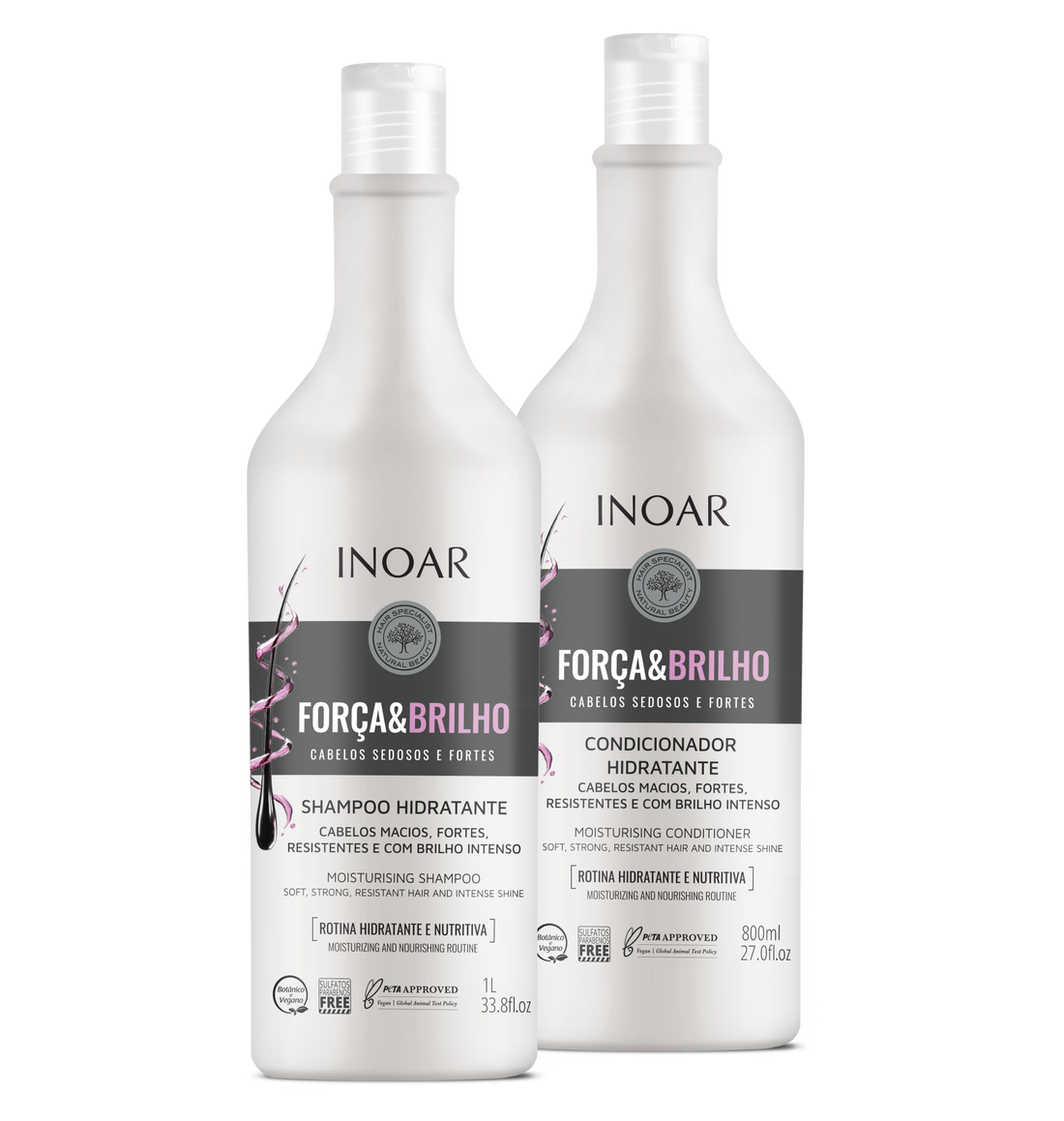 INOAR Força &amp; Brilho Duo Kit - drėkinantis šampūno 1000 ml ir kondicionieriaus rinkinys 800 ml