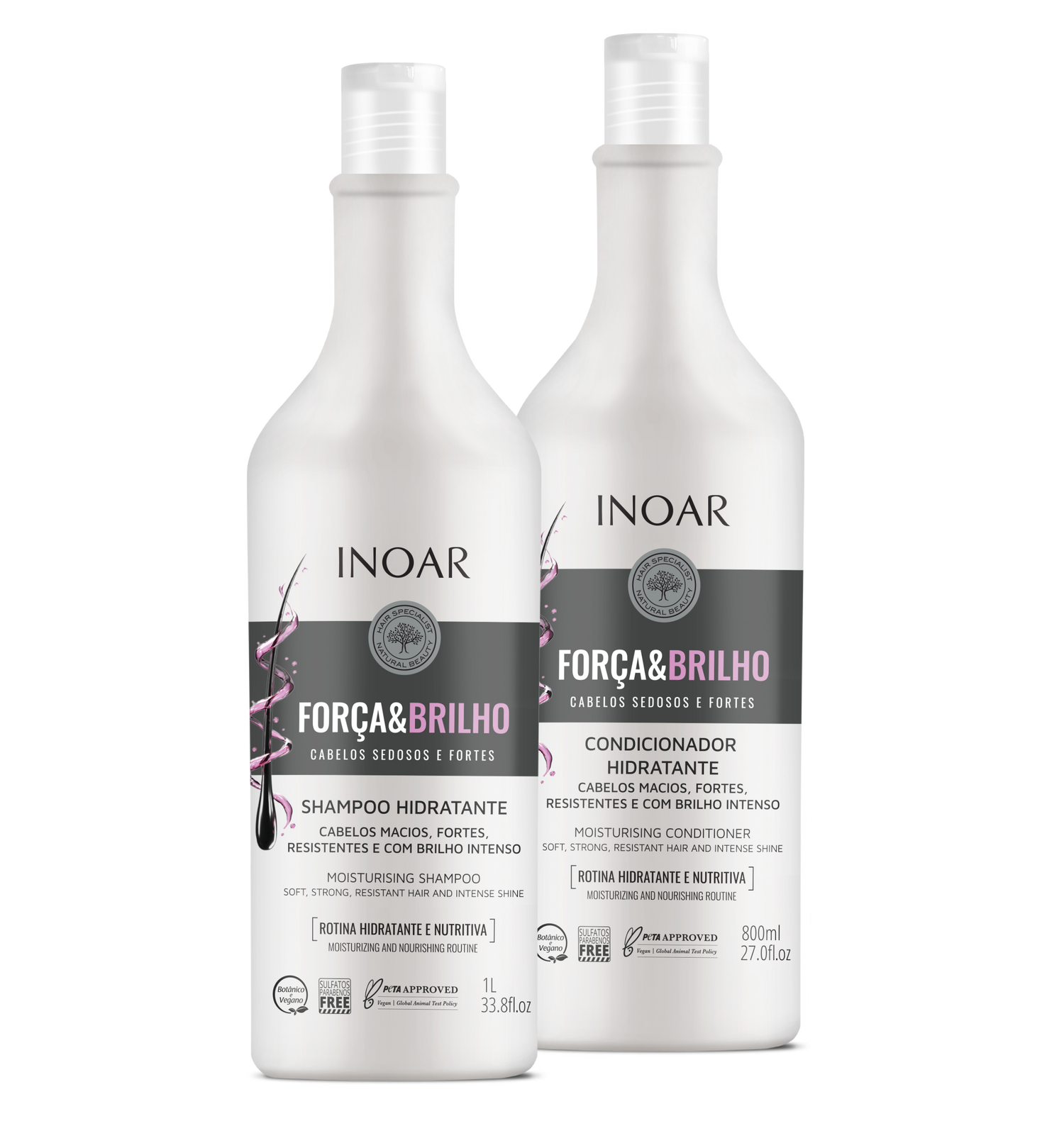 INOAR Força &amp; Brilho Duo Kit - drėkinantis šampūno 1000 ml ir kondicionieriaus rinkinys 800 ml