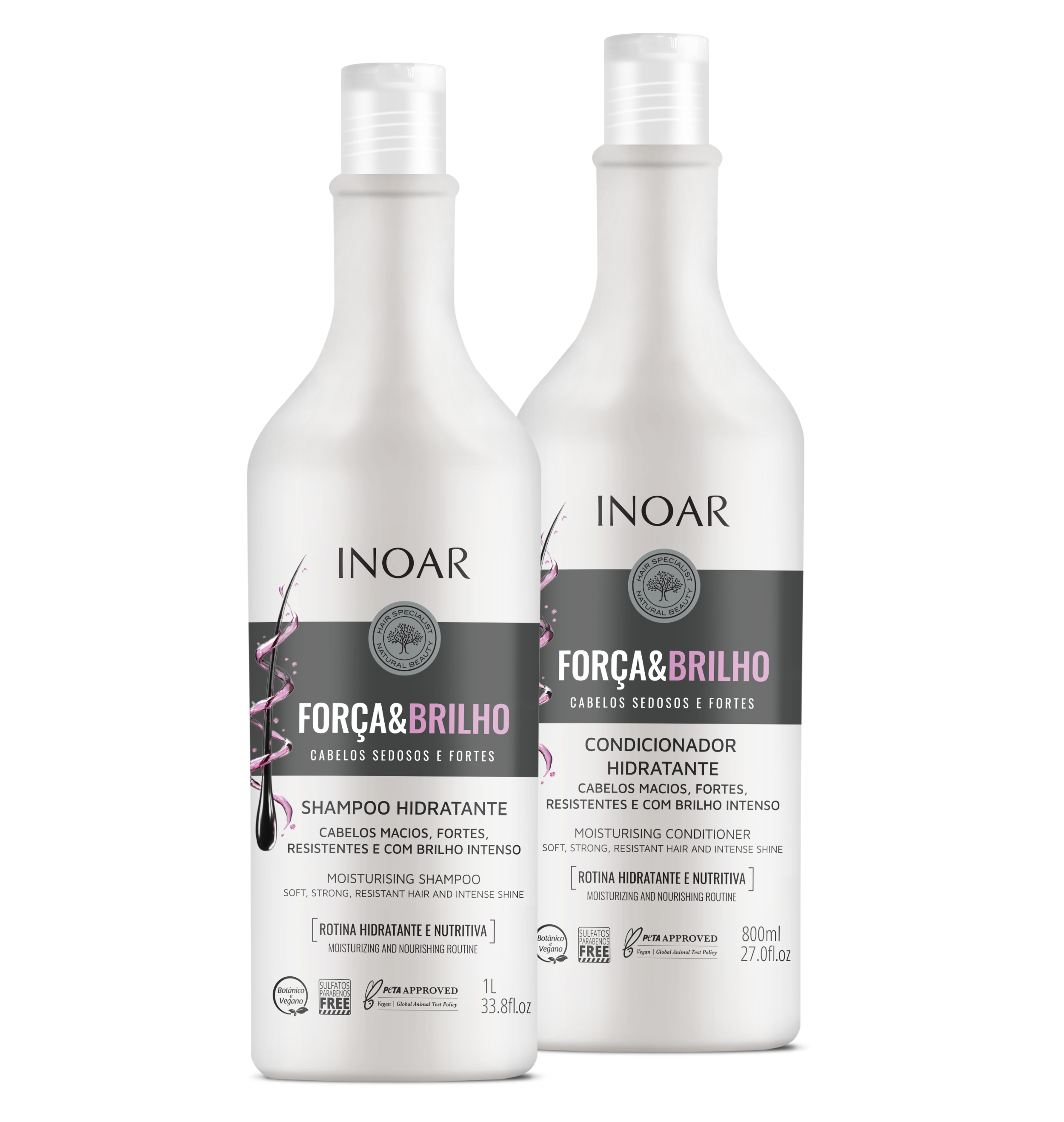 INOAR Força &amp; Brilho Duo Kit - drėkinantis šampūno 1000 ml ir kondicionieriaus rinkinys 800 ml