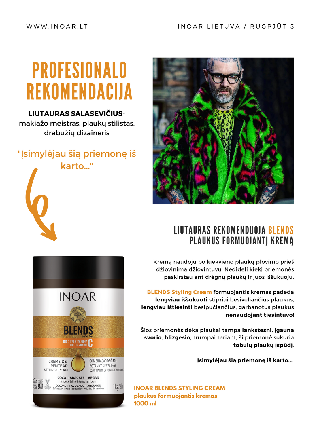 INOAR Blends Styling Cream - plaukų formavimo kremas su vitaminu C